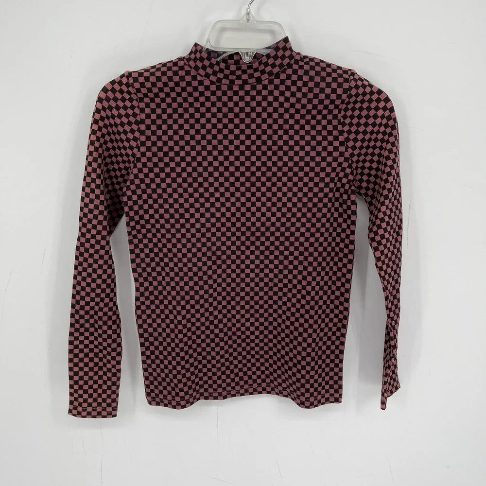 Pixie Label NWT Girl's Black Mauve Checkered Mock Neck Long Sleeve Top Size 14Y